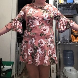 Floral Print Girls Bell Sleeve Pink Dress